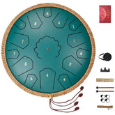 Steel Tongue Drum, 14 in & 15 Notes, Rain Drum for Outside Garden, D Major Key, Tank Drum with 2 Mallets & Carry Bag, Hand Pan Drum Percussion Instrument for Musical Education Yoga, Green